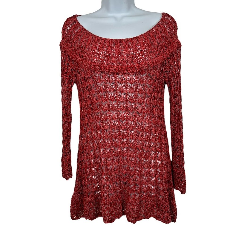 Vintage America Small Womens Sweater Crochet Rust Black Long Sleeve Boho Peasant